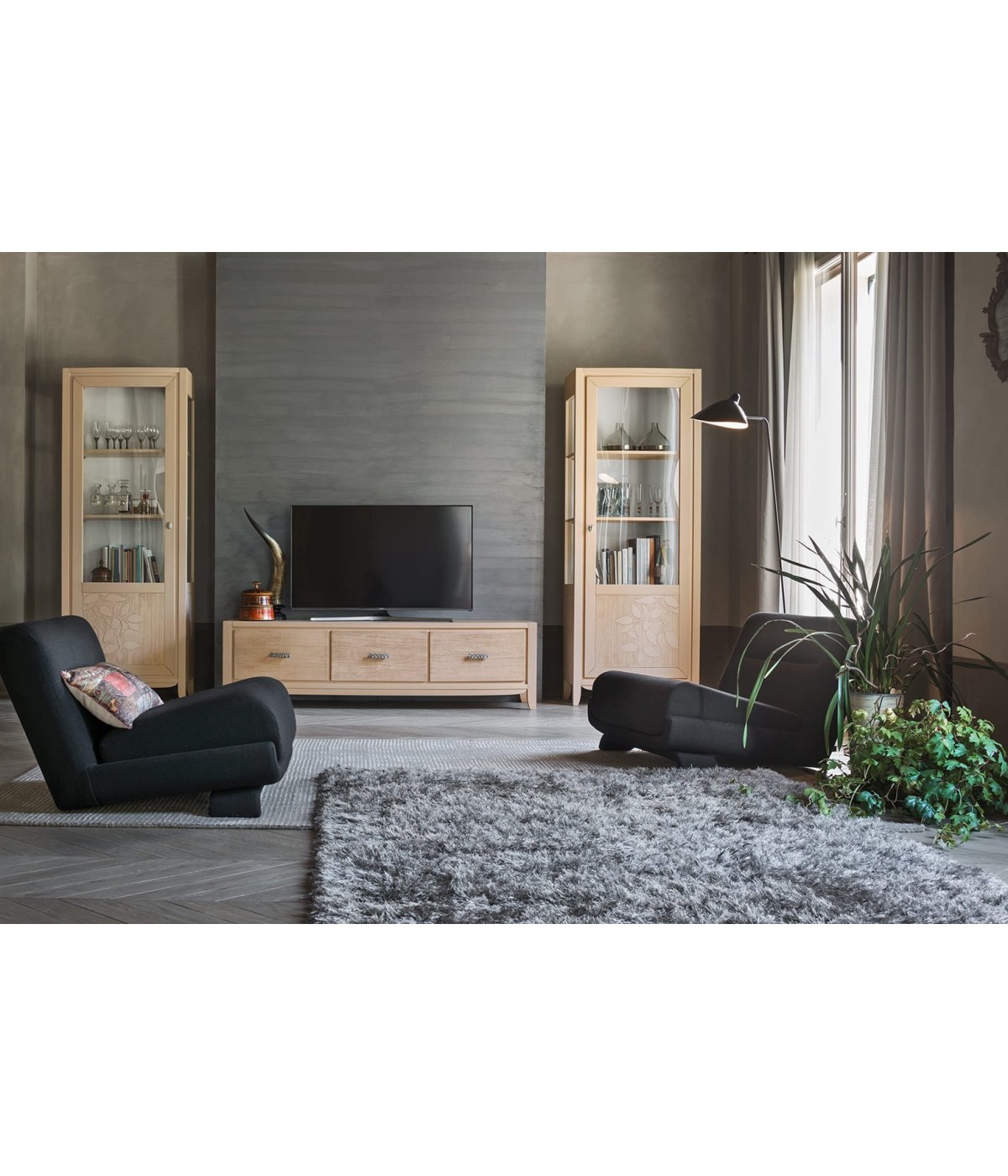 MOBILI 2G - PARETE ATTREZZATA CON COLONNE E BASE IN LEGNO MASSELLO CON DECORO FOGLIA