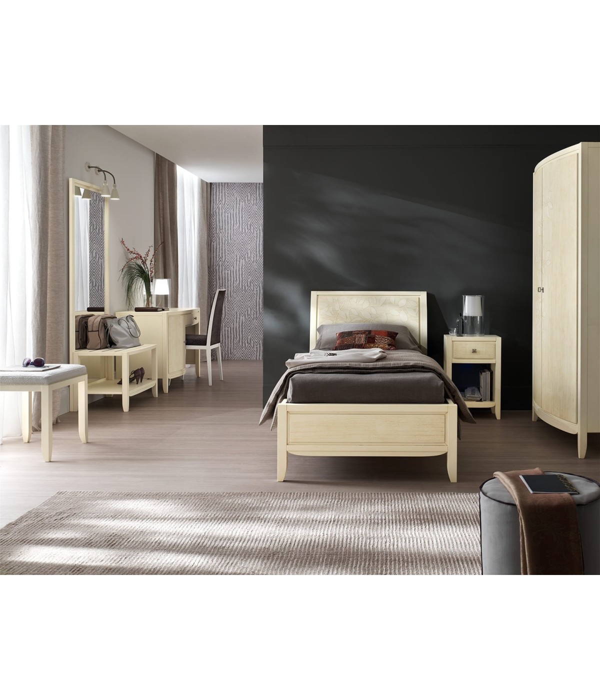MOBILI 2G - LETTO SINGOLO INTAGLIATO DECORO FOGLIA IN LEGNO MASSELLO L.99 P.208 H.120