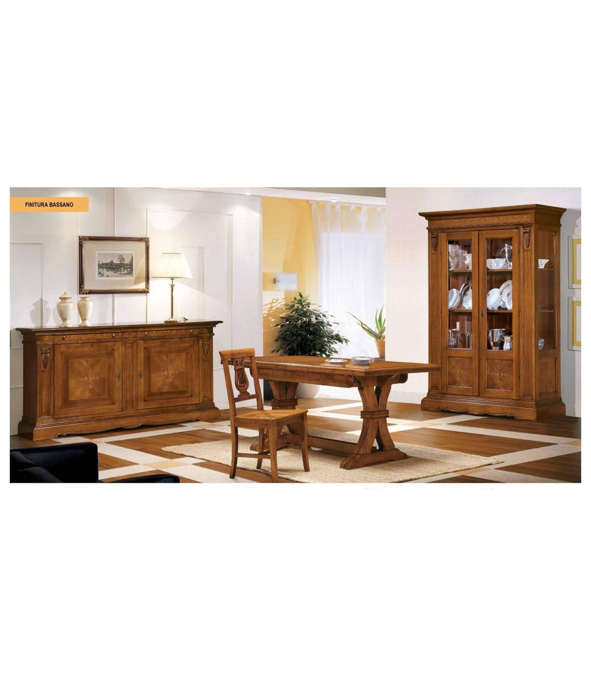 MOBILI 2G - SOGGIORNO IN LEGNO ARTE POVERA INTARSIO A FIORE IN LEGNO TINTA NOCE