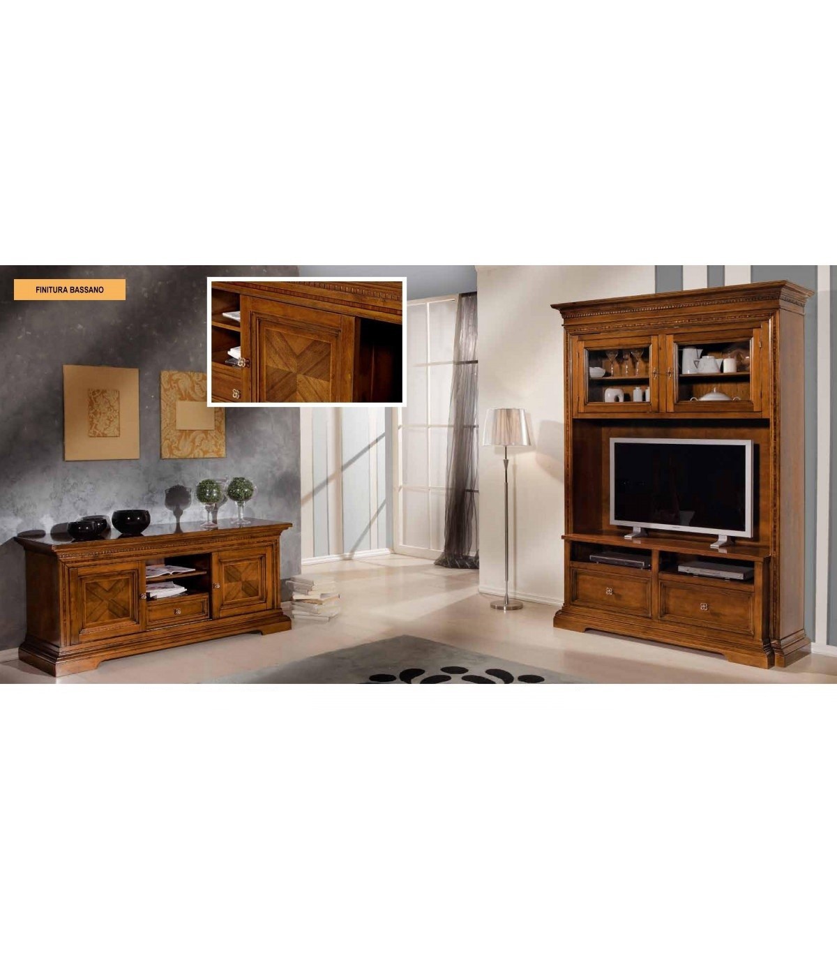 MOBILI 2G - SOGGIORNO ARTE POVERA INTARSIO A CROCE IN LEGNO TINTA NOCE