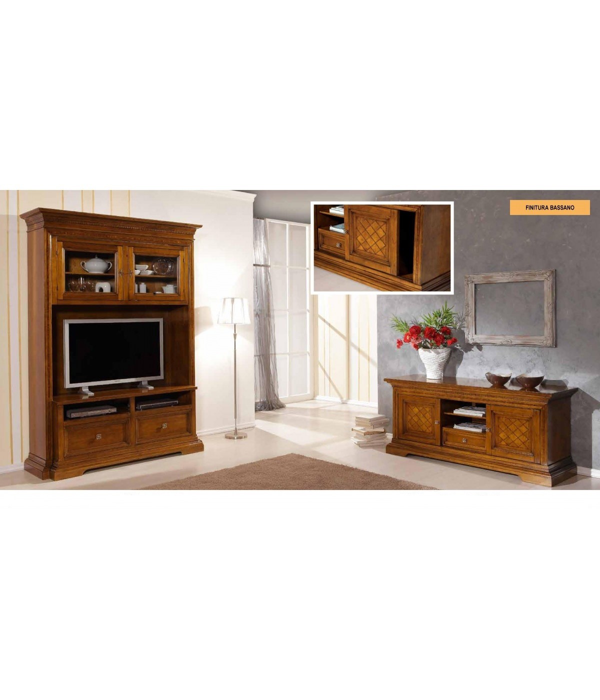 MOBILI 2G - SOGGIORNO ARTE POVERA CON INTARSIO A ROMBI IN LEGNO TINTA NOCE