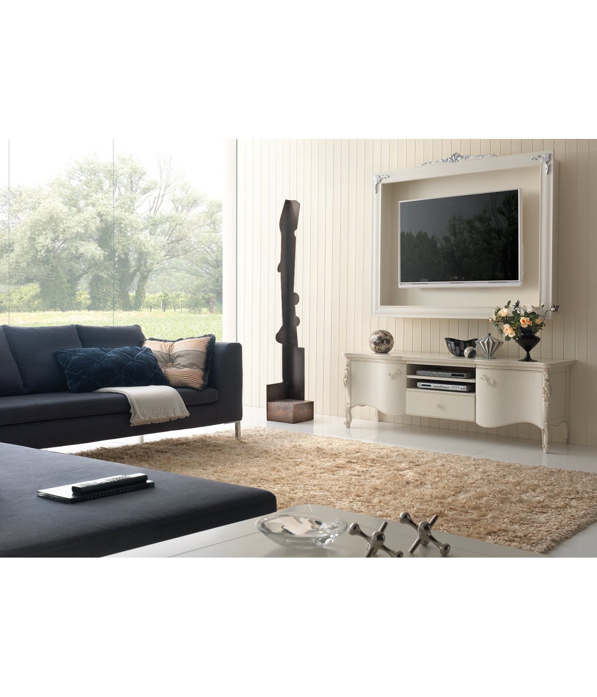 MOBILI 2G - PORTA TV SAGOMATO INTAGLIATO 2 PORTE 1 CASSETTO IN LEGNO AVORIO E PENSILE
