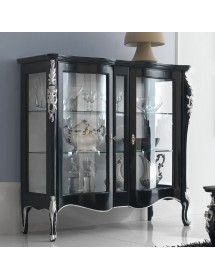 MOBILI 2G - VETRINA INTAGLIATA 2 PORTE IN LEGNO LACCATO NERO ARGENTO L.141 P.48 H.130