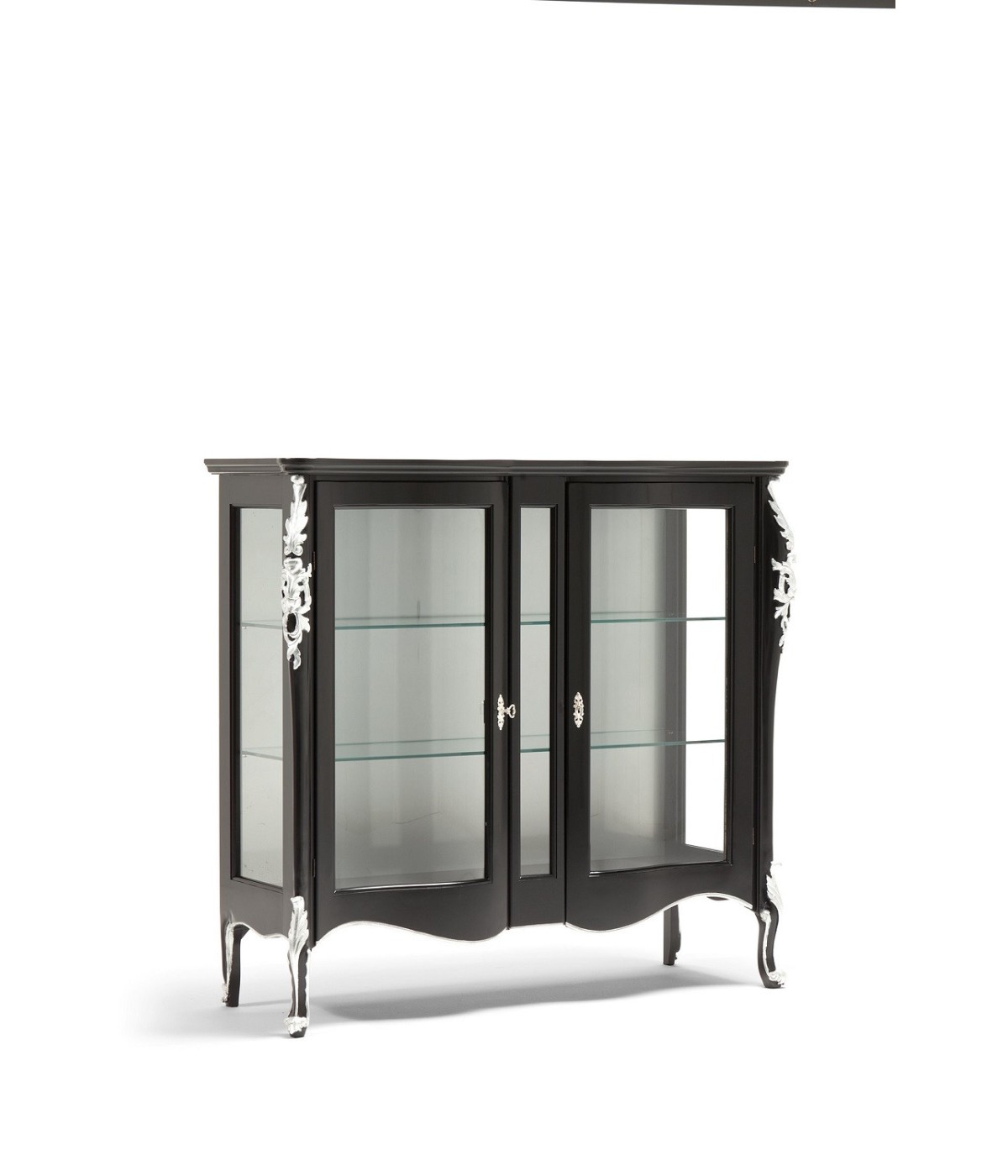 MOBILI 2G - VETRINA INTAGLIATA 2 PORTE IN LEGNO LACCATO NERO ARGENTO L.141 P.48 H.130