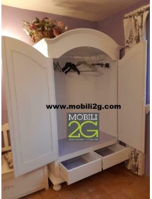 MOBILI 2G - ARMADIO CAPPELLO TONDO BIANCO OPACO SHABBY 125x60x200 vista aperto ante e cassetti