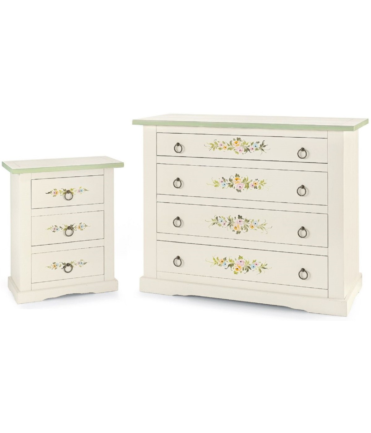 MOBILI 2G - GRUPPO 1 COMO' 2 COMODINI IN LEGNO BIANCO CON DECORI