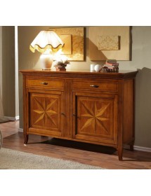 MOBILI 2G - MADIA CREDENZA IN LEGNO MASSELLO 2 PORTE 2 CASSETTI CON INTARSIO L.160 P.55 H.112 vista frontale