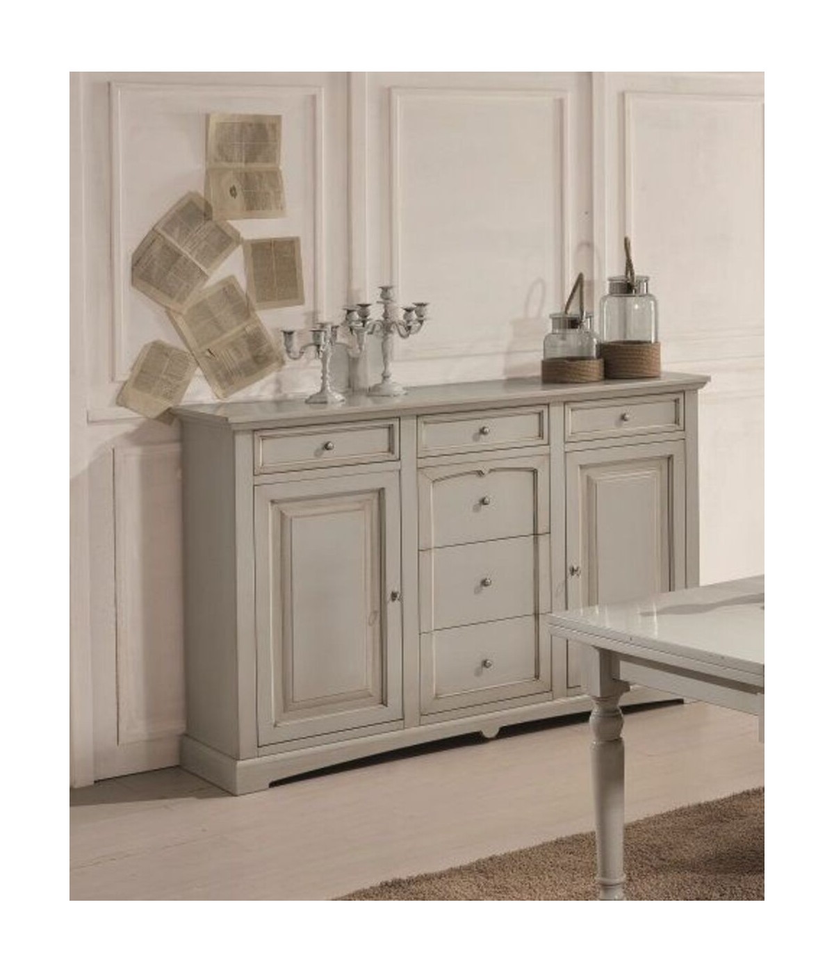 MOBILI 2G - CREDENZONE IN LEGNO 2 PORTE 6 CASSETTI LACCATO GRIGIO PATINATO MISURA L.170 P.46 H.116