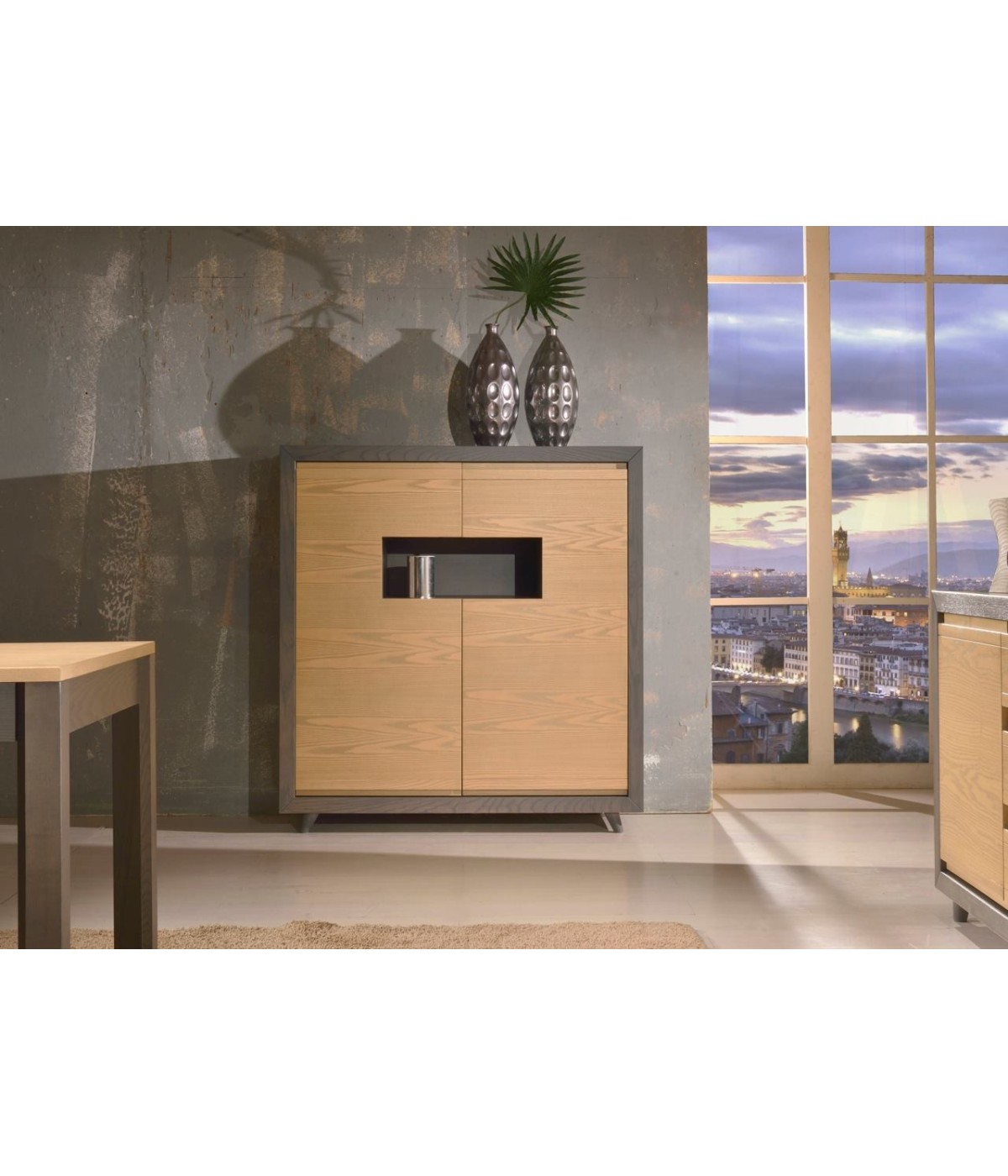 MOBILI 2G - CREDENZA ALTA IN FRASSINO ANTRACITE 2 PORTE E VANO A GIORNO CON PIEDE TORNITO L.128 P.45 H.135,5