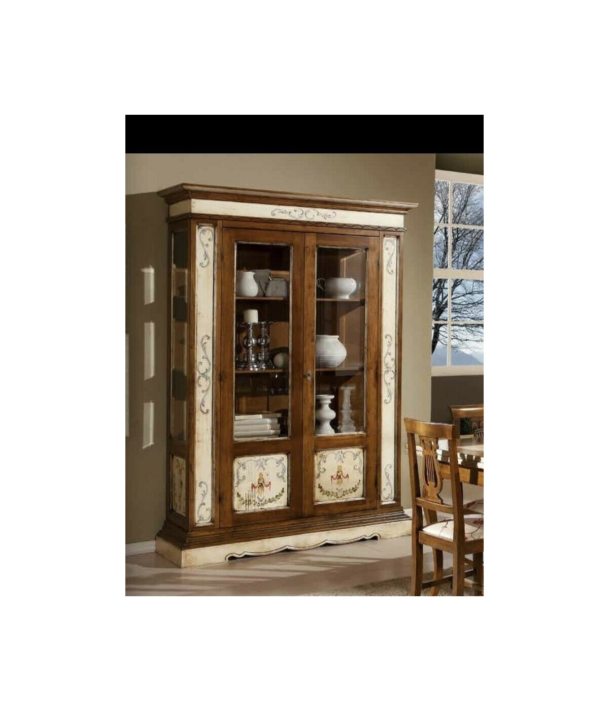 MOBILI 2G - VETRINA 2 PORTE ARTE POVERA LEGNO DIPINTO/BASSANO 145X48X212 vista frontale