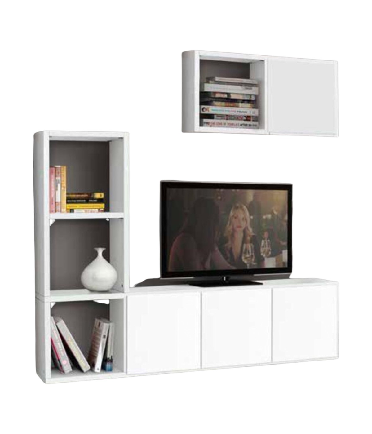MOBILI 2G - Libreria porta Tv moderna bianca l.175 p.30 h.132 vista frontale