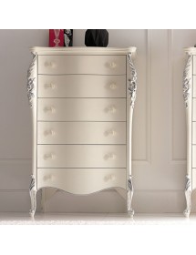 MOBILI 2G - CASSETTIERA CLASSICA SAGOMATA 6 CASSETTI IN LEGNO BIANCO ARGENTO L.86 P.47 H.132