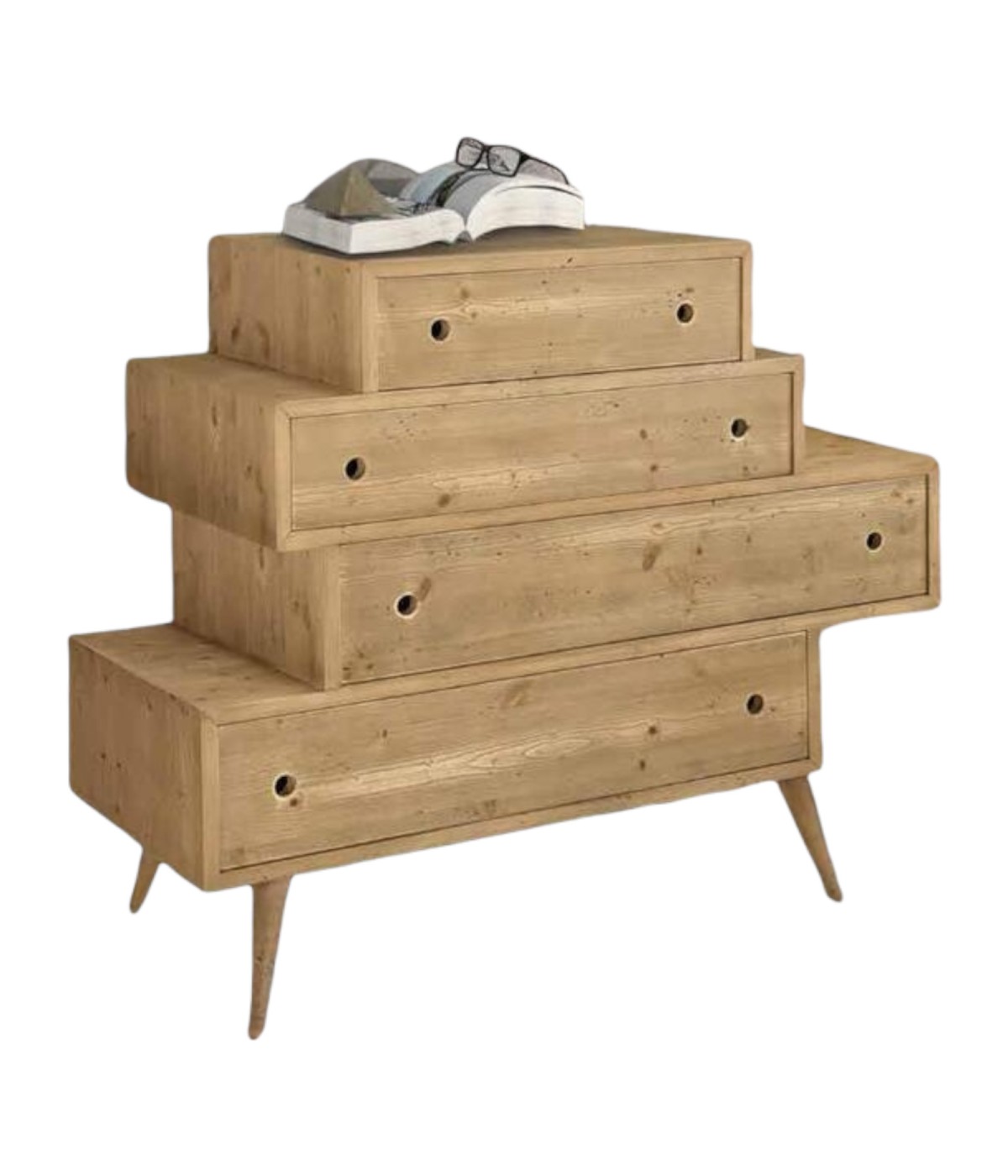 MOBILI 2G - CASSETTIERA 4 CASSETTI IN LEGNO ABETE SPAZZOLATO 110X45X95