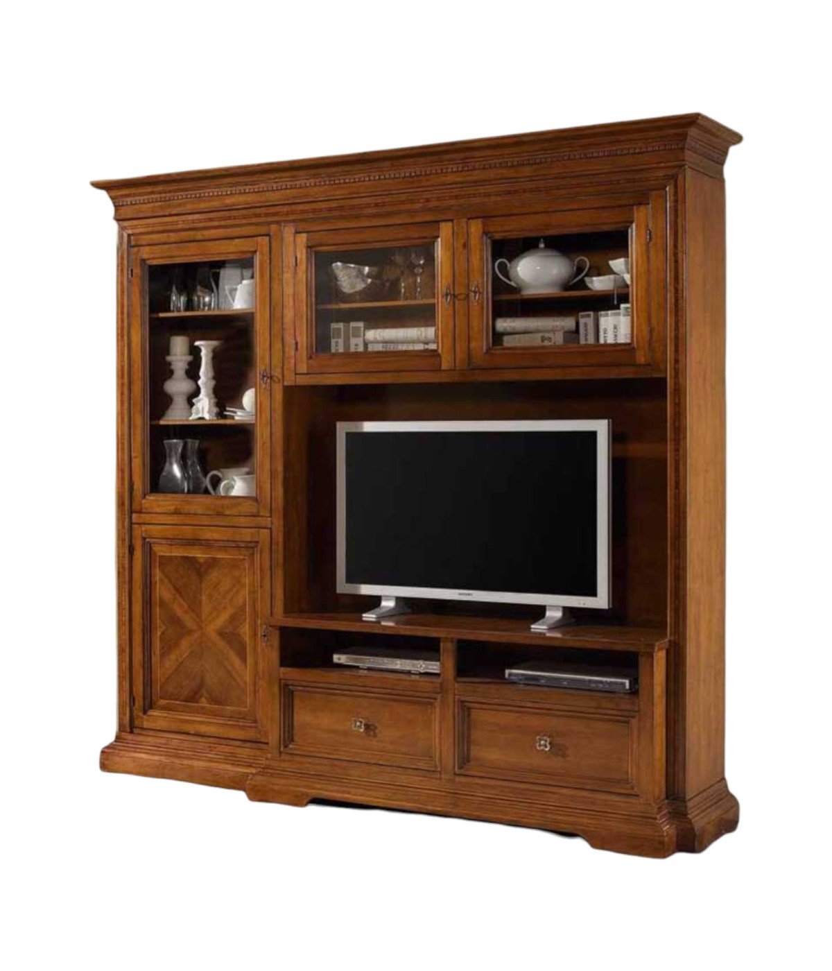 MOBILI 2G - PARETE ATTREZZATA IN LEGNO TINTA BASSANO L.230 P.57 H. 235 VISTA FRONTALE