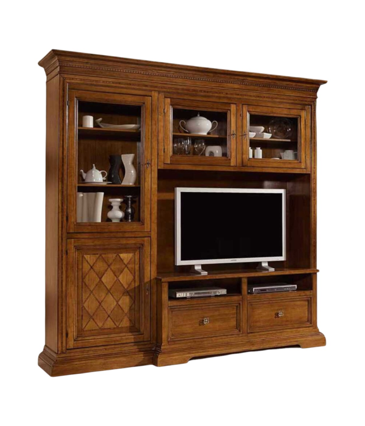 MOBILI 2G - PARETE ATTREZZATA IN LEGNO NOCE BASSANO L.230 P.57 H. 235 vista frontale