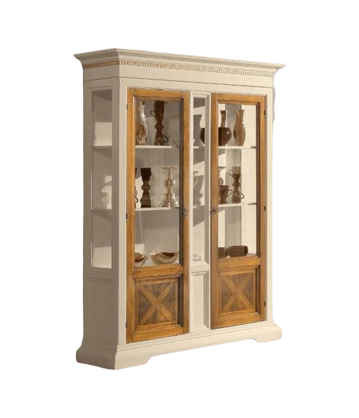 MOBILI 2G - VETRINA 2 PORTE IN LEGNO CLASSICA AVORIO NOCE 146X53X213 VISTA FRONTALE