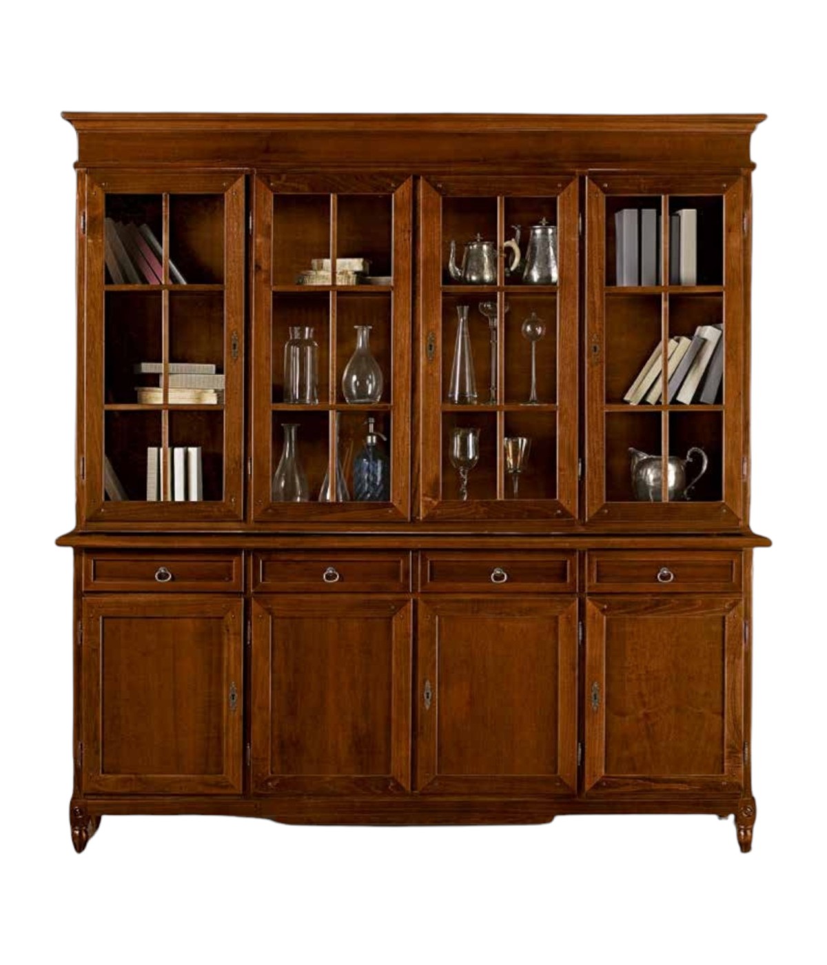 MOBILI 2G - CRISTALLIERA 4 PORTE CLASSICA IN LEGNO TINTA NOCE 205X42X213 vista frontale