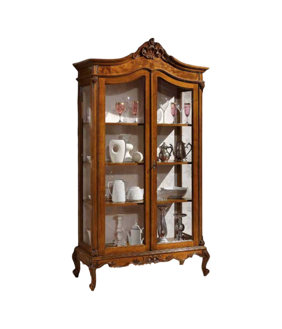 MOBILI 2G - VETRINA IN LEGNO DI RADICA 2 PORTE IMPERO FINITURA BASSANO L.114 P.46 H.217 vista frontale