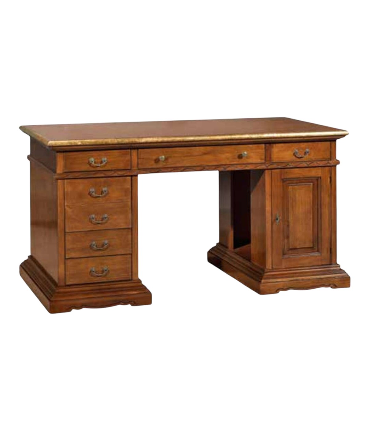 MOBILI 2G - SCRIVANIA PORTA PC 6 CASSETTI LEGNO BASSANO PROFILO FOGLIA ORO 160X80X85 VISTA FRONTALE
