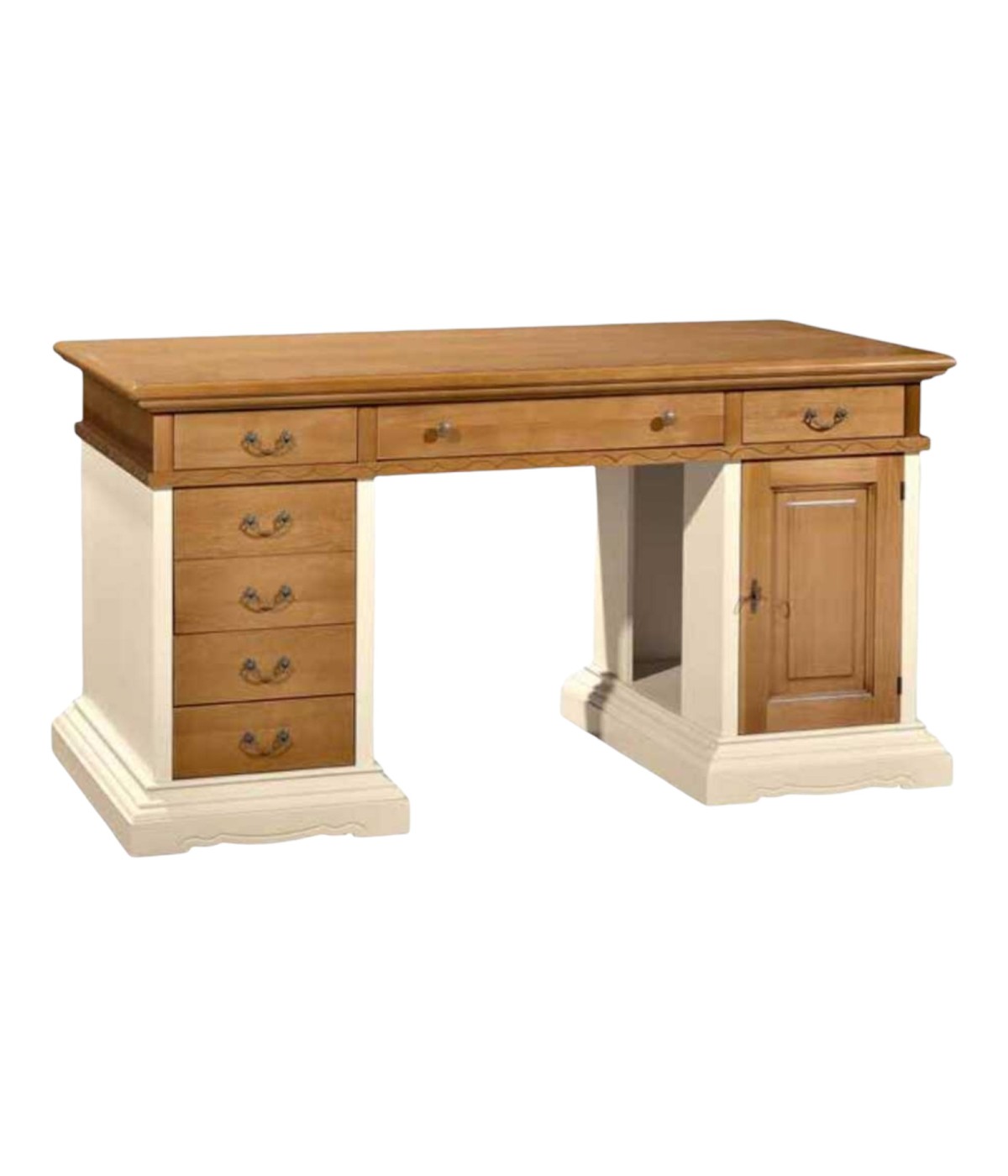 MOBILI 2G - SCRIVANIA ARTE POVERA LEGNO AVORIO NOCE GRANO L.160 P.80 H.85 VISTA FRONTALE