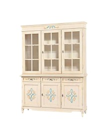 MOBILI 2G - CRISTALLIERA CLASSICA 3 PORTE LEGNO AVORIO PENNELLATO CON DECORI 156x42x213 vista frontale