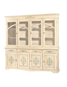 MOBILI 2G - CRISTALLIERA CLASSICA 4 PORTE LEGNO AVORIO PENNELLATO DECORI 205x42x205 vista frontale
