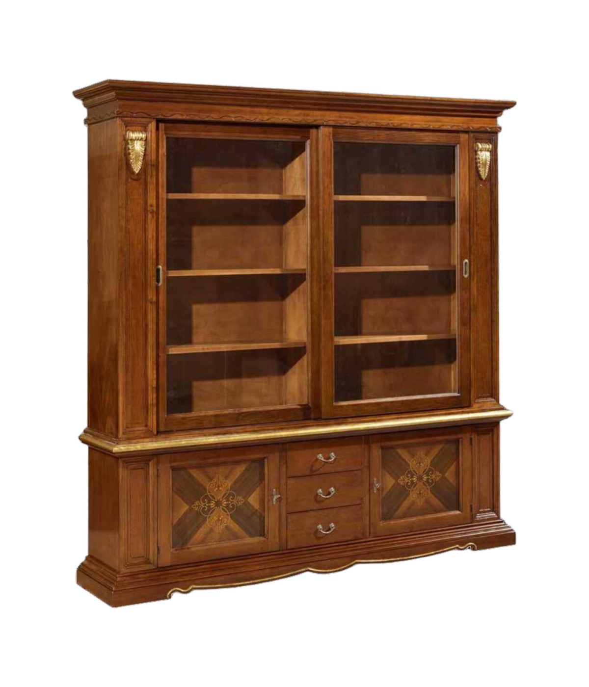 MOBILI 2G - CRISTALLIERA IN LEGNO 2 PORTE SCORREVOLI ARTE POVERA CILIEGIO/FOGLIA ORO 212X45X220