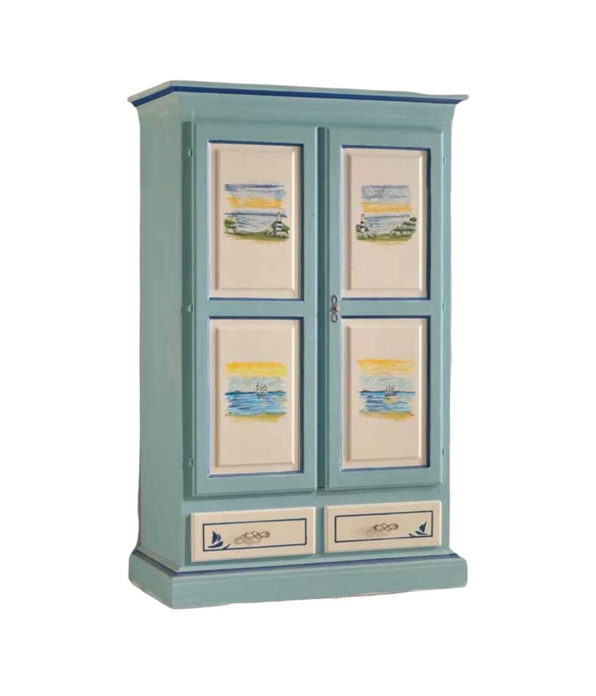 MOBILI 2G - ARMADIO 2 ANTE SHABBY IN LEGNO CERATO AZZURRO CON DECORI 125X61X200