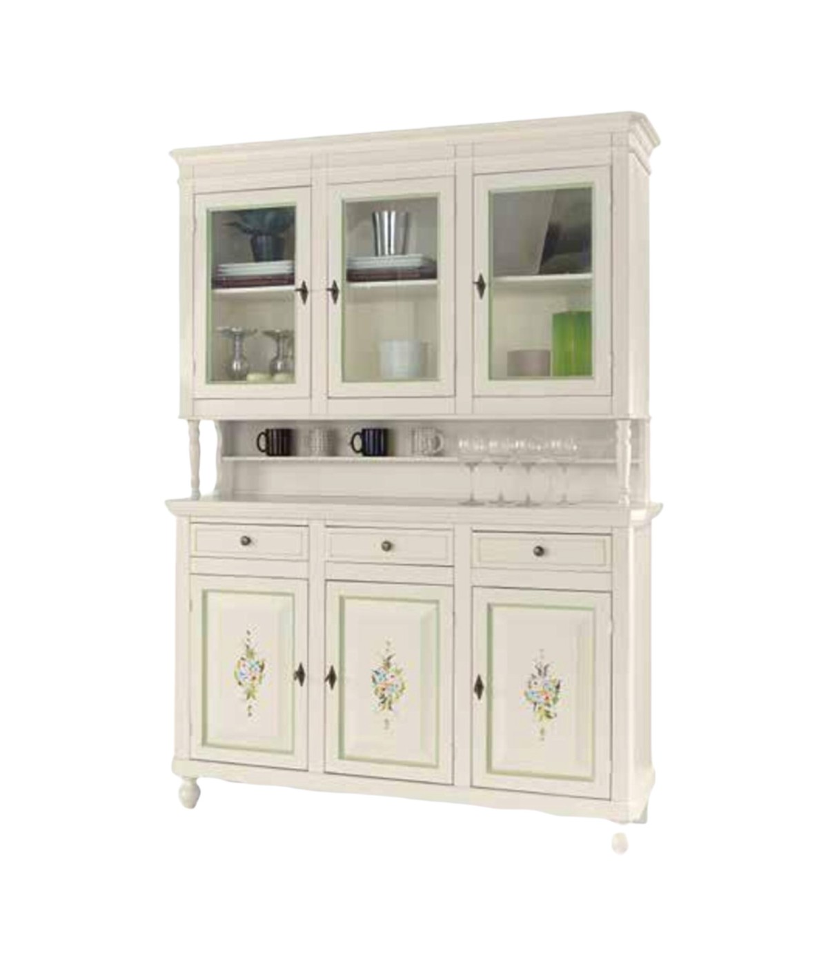 Cristalliera napoletana 3 porte in legno shabby bianco anticato decorato 150x43x208
