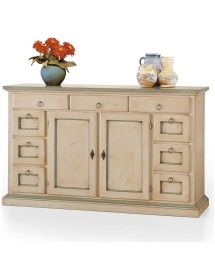 MOBILI 2G - MADIA CREDENZA LEGNO 2 ANTE 9 CASSETTI SHABBY AVORIO PATINATO FILO VERDE 160X45X95 (984) VISTA FRONTALE