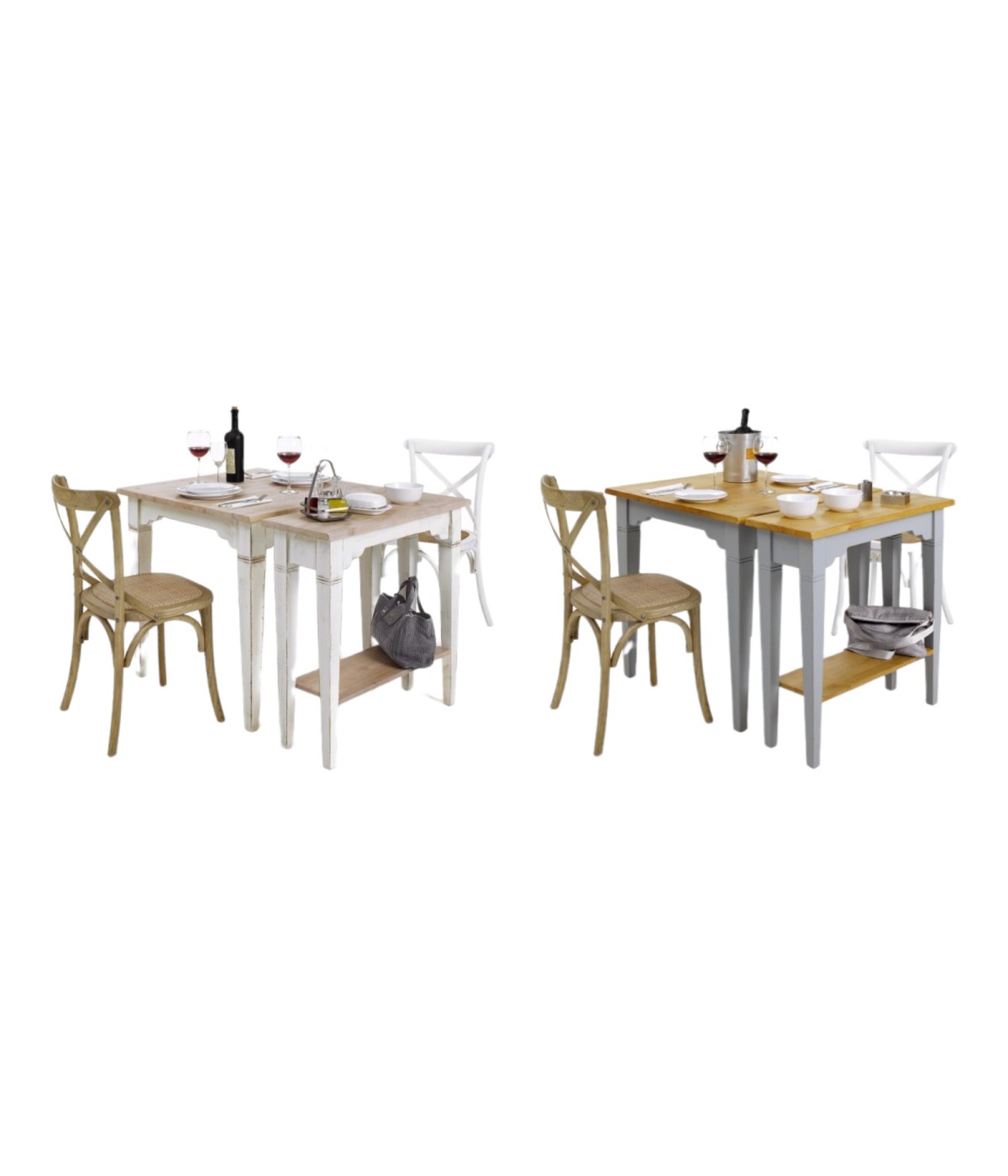 MOBILI 2G - TAVOLO+CONSOLLE IN ABETE LACCATO AZZURRO CONSUMATO EFFETTO SHABBY CHIC CON PIANO TINTA MIELE