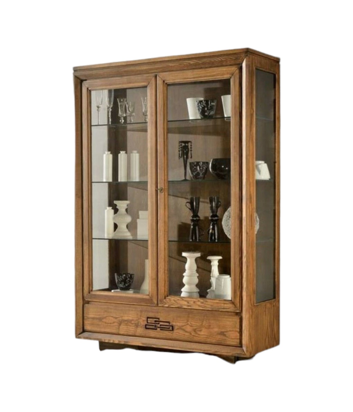 MOBILI 2G - VETRINA IN FRASSINO 2 PORTE FINITURA TABACCO PORO APERTO CON ZOCCOLO L.132 P.47 H.196