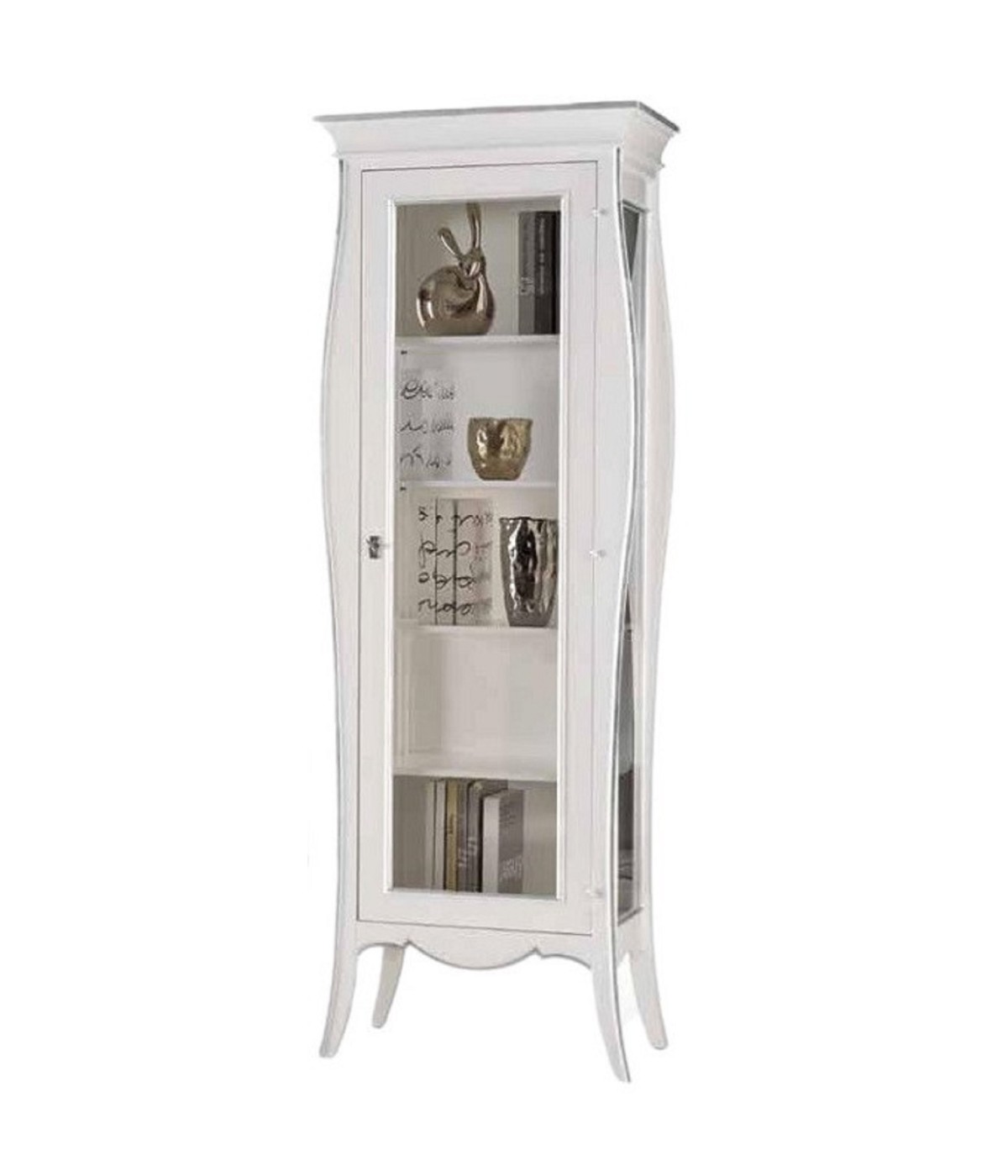 MOBILI 2G - VETRINA IN LEGNO 1 PORTA SHABBY BIANCO PROFILI FOGLIA ARGENTO L.71 P.48 H.206