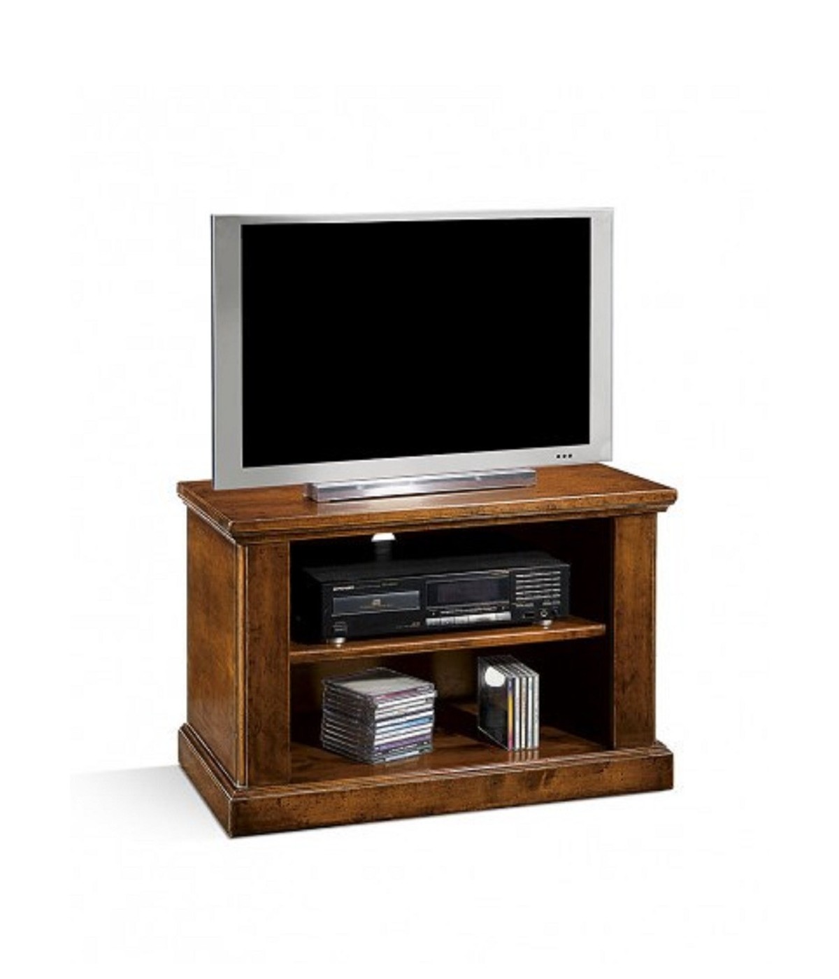 MOBILI 2G - Porta televisore in legno 2 vani con ruote arte povera tinta noce L.75 x P.41 H.51