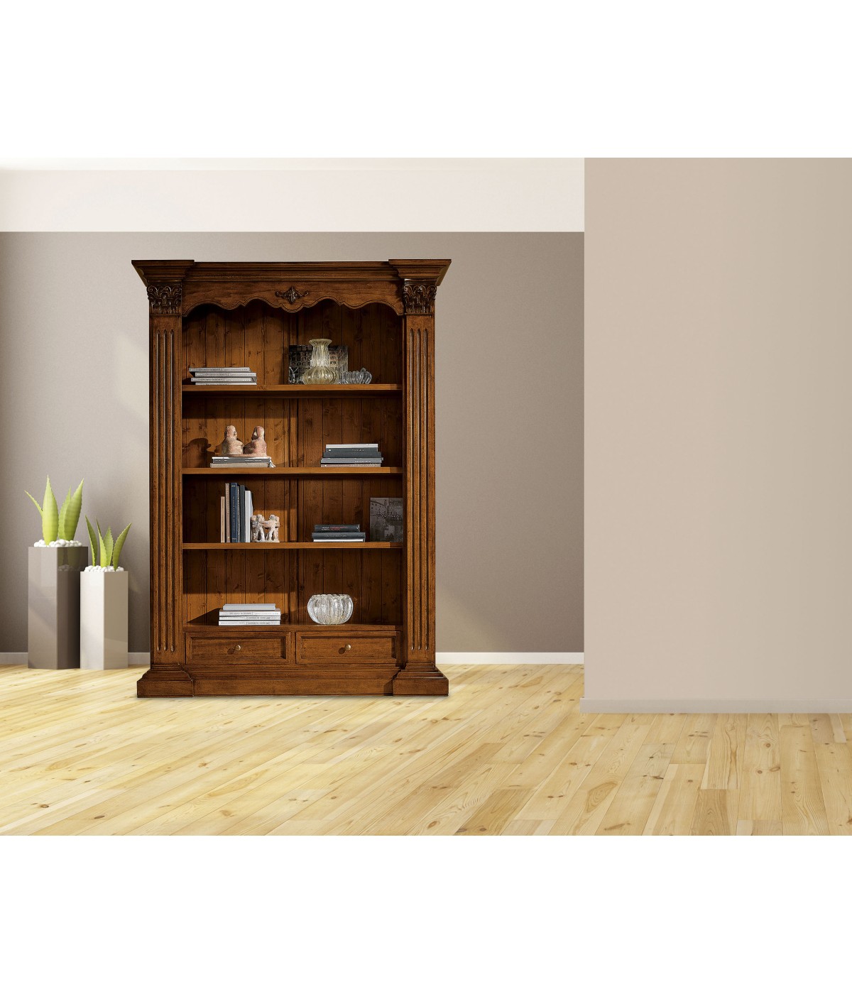 MOBILI 2G - LIBRERIA 2 CASSETTI IN LEGNO MASSELLO TINTA NOCE L.154 x P.49 H.211