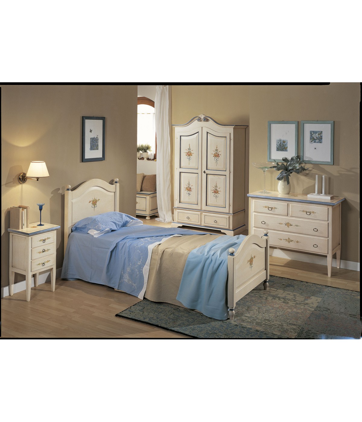 MOBILI 2G - LETTO SAGOMATO SINGOLO  BIANCO FILO BLU IN LEGNO