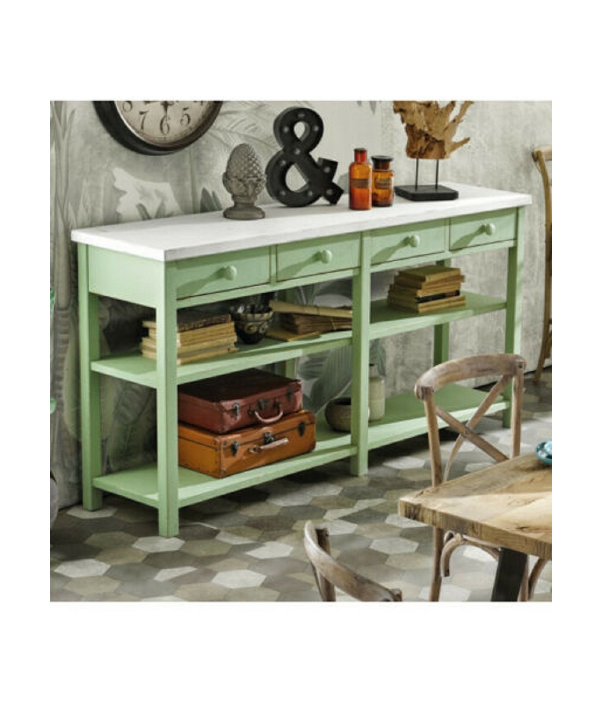 MOBILI 2G - BANCONE 4 CASSETTI 2 RIPIANI SHABBY VERDE IN LEGNO MASSELLO