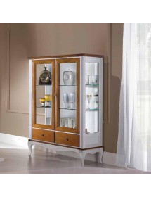 MOBILI 2G - VETRINA CLASSICA PROVENZALE IN LEGNO 2 PORTE 2 CASSETTI L.111 P.44 H.140