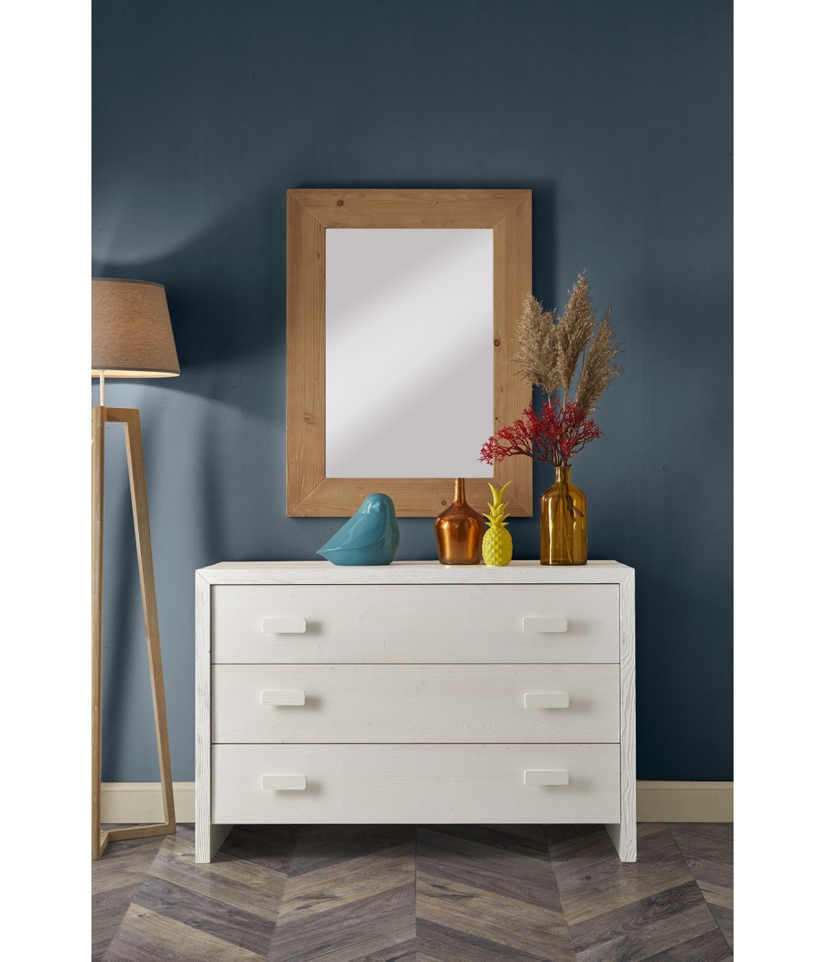 MOBILI 2G - CASSETTIERA 3 CASSETTI SHABBY BIANCO IN LEGNO MASSELLO DI ABETE 120x50x80 (3317)