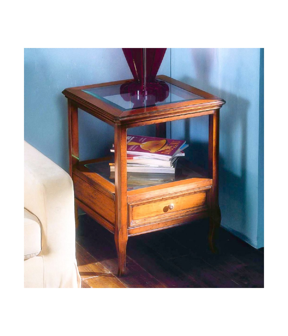 MOBILI 2G - TAVOLINO CLASSICO VETRO E LEGNO 1 CASSETTO FINITURA BASSANO L.55 P.55 H.70