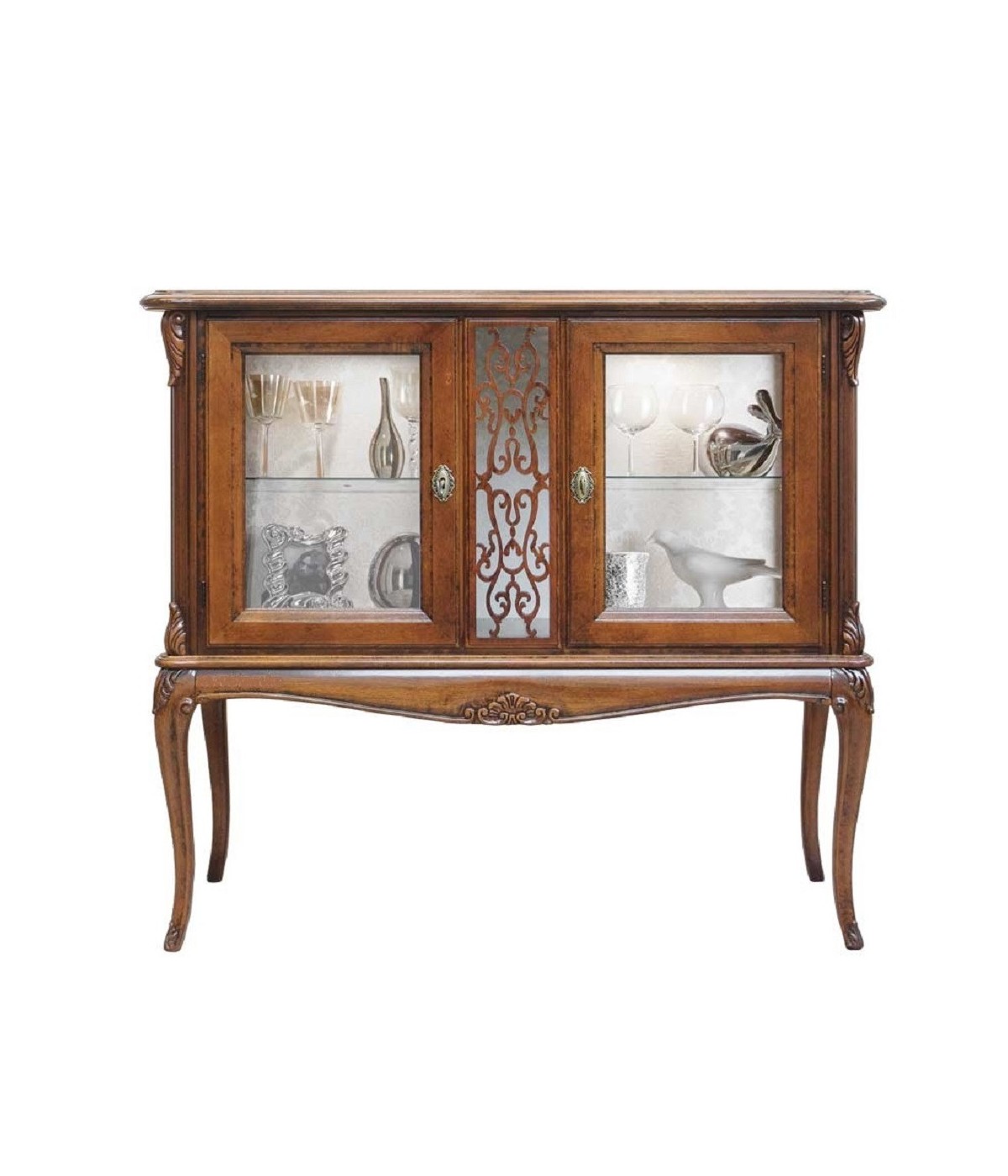 MOBILI 2G - VETRINA CLASSICA IN LEGNO 2 PORTE FINITURA BASSANO L.111 P.44 H.100