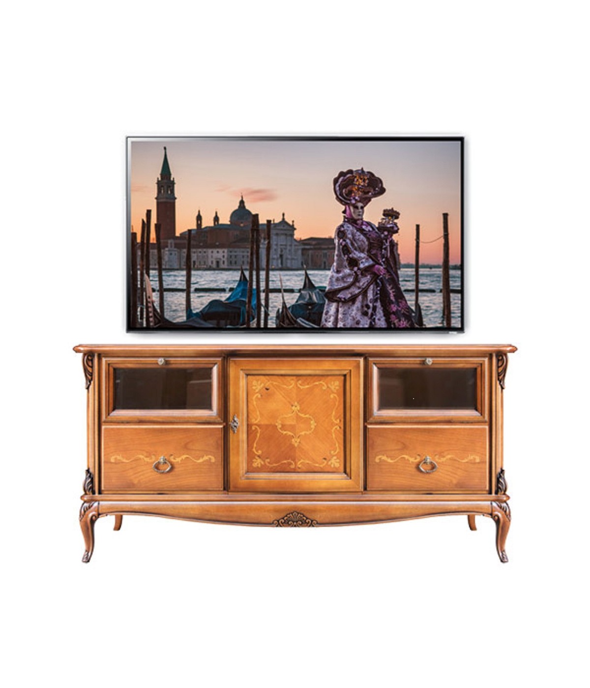 MOBILI 2G - PORTA TV CLASSICO IN LEGNO 1 PORTA 2 CASSETTI 2 RIBALTE BASSANO L.141 P.47 H.70