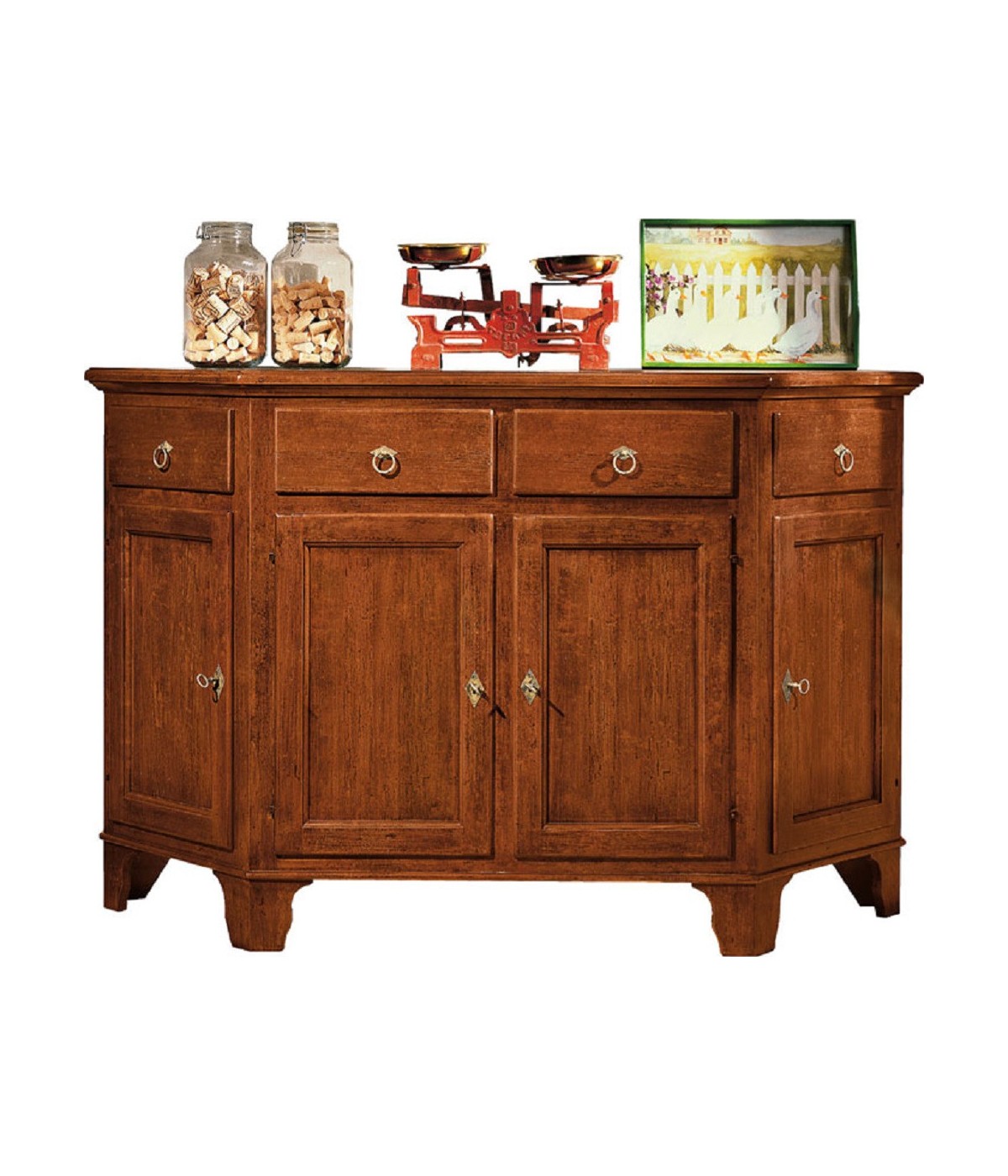 MOBILI 2G - MADIA CREDENZA SCANTONATA IN LEGNO MASSELLO 4 PORTE TINTA NOCE L.158 P.48 H.102