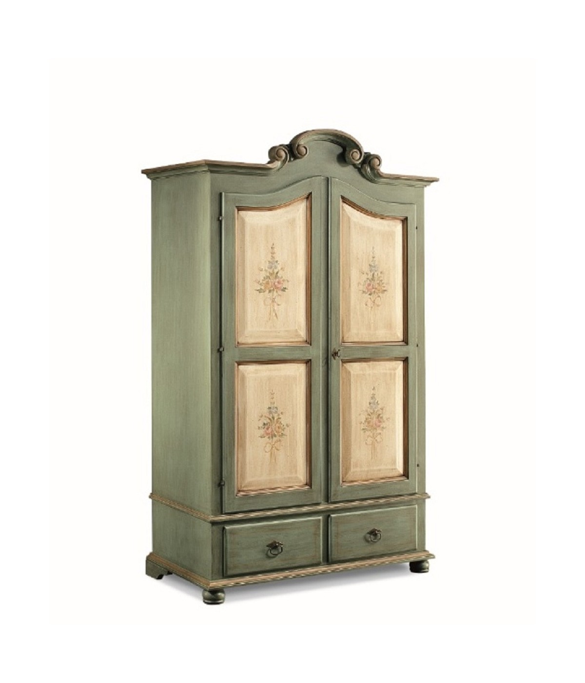 MOBILI 2G - ARMADIO IN LEGNO SHABBY VERDE AVORIO E FILO ECRU' 122X60X204 (1313) vista frontale