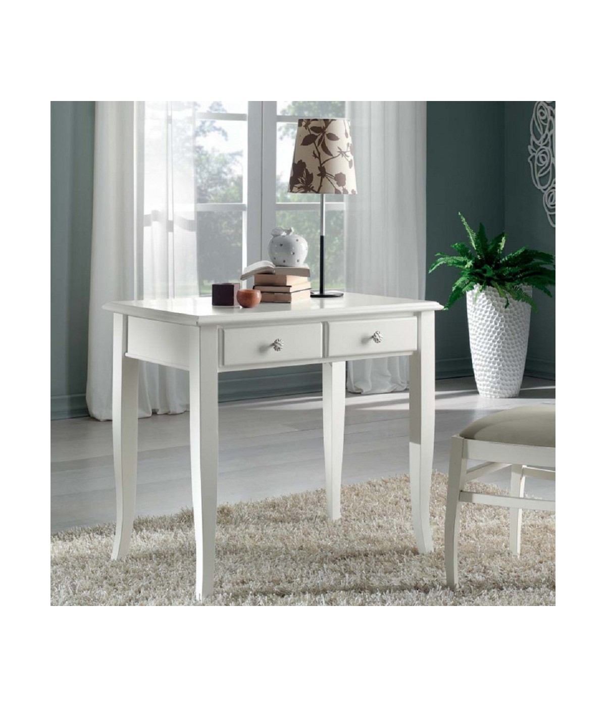 MOBILI 2G - SCRIVANIA SHABBY LEGNO BIANCO 2 CASSETTI 90X57X80