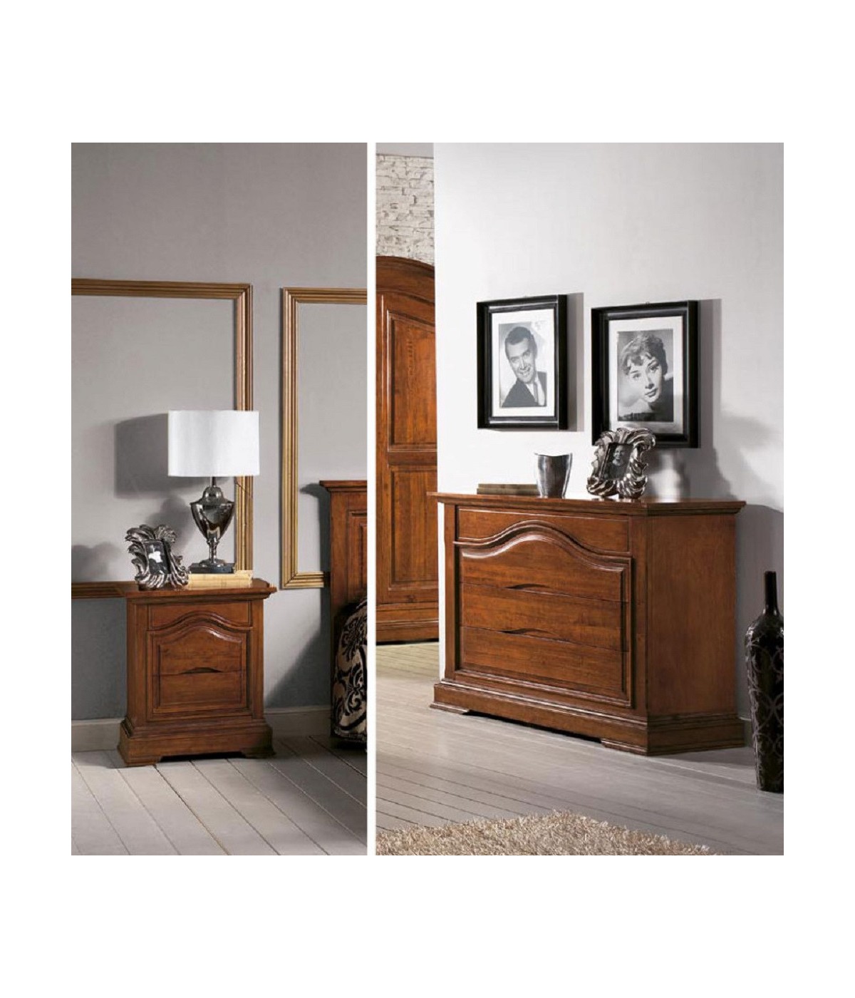 GRUPPO COMO' 2 COMODINI CLASSICO IN LEGNO SAGOMATO TINTA NOCE