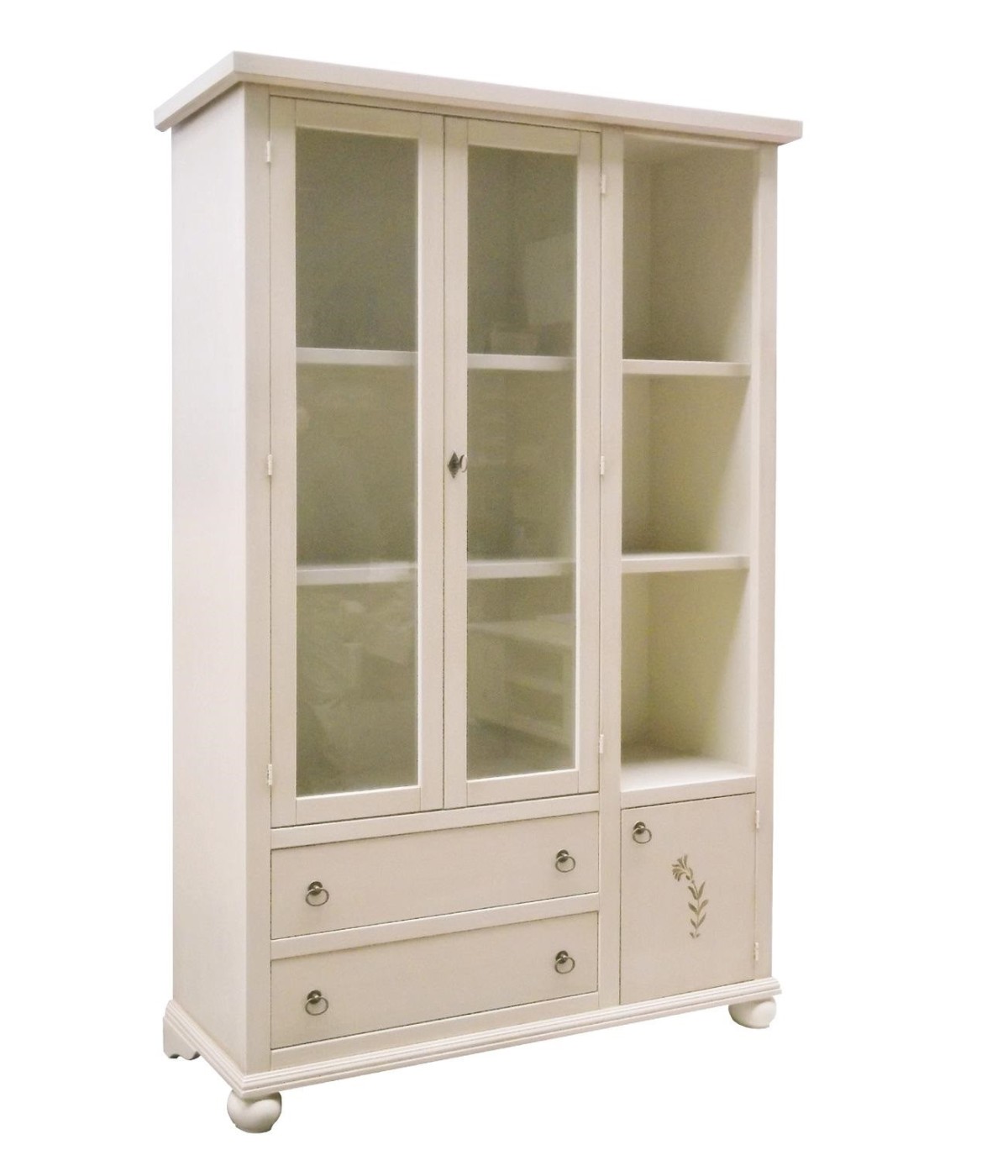 MOBILI 2G - VETRINA LIBRERIA IN LEGNO 3 PORTE 2 CASSETTI AVORIO 120X40X190