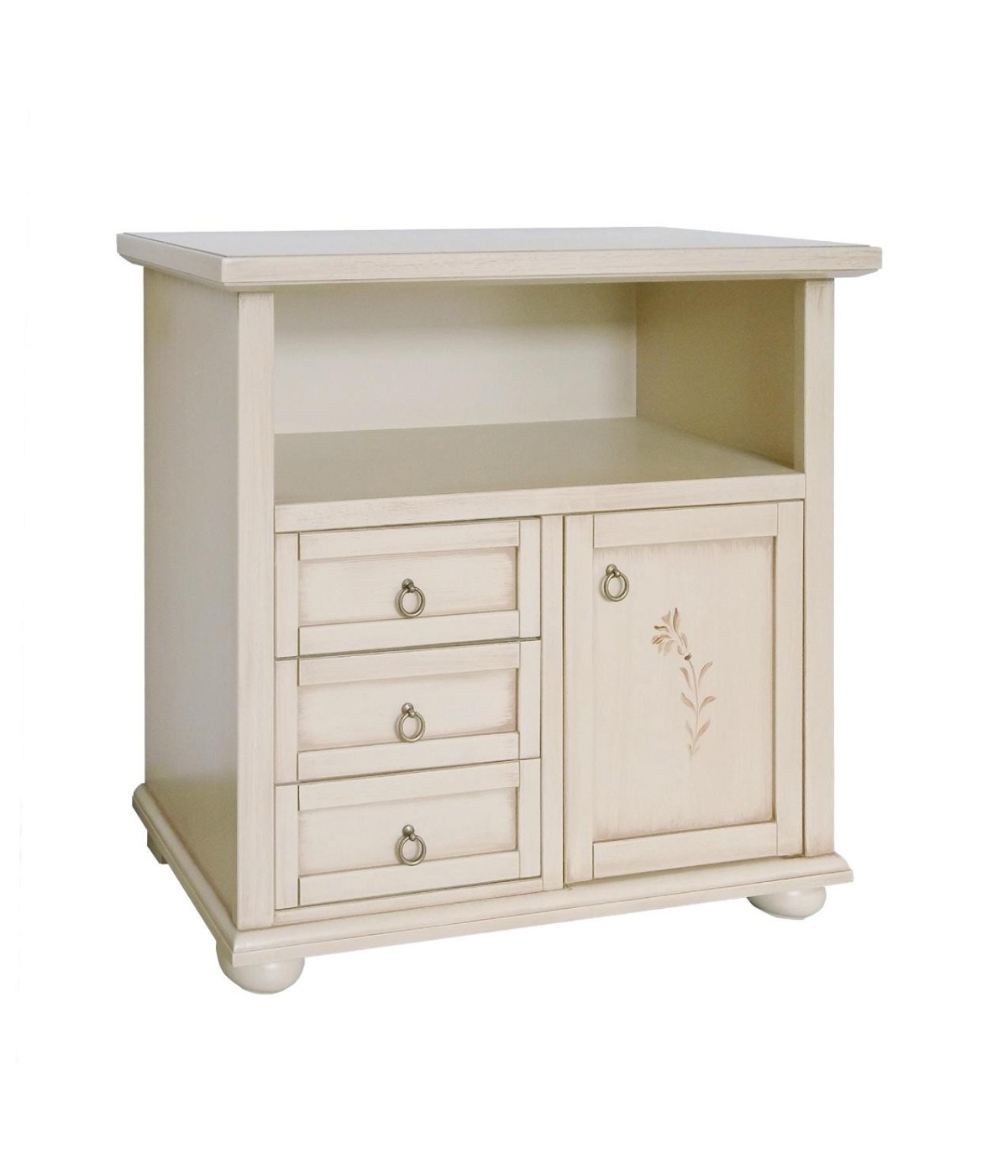 PORTA TV CLASSICO 1 ANTA 3 CASSETTI LEGNO AVORIO PATINATO DECORATO 84X40,5X80,5