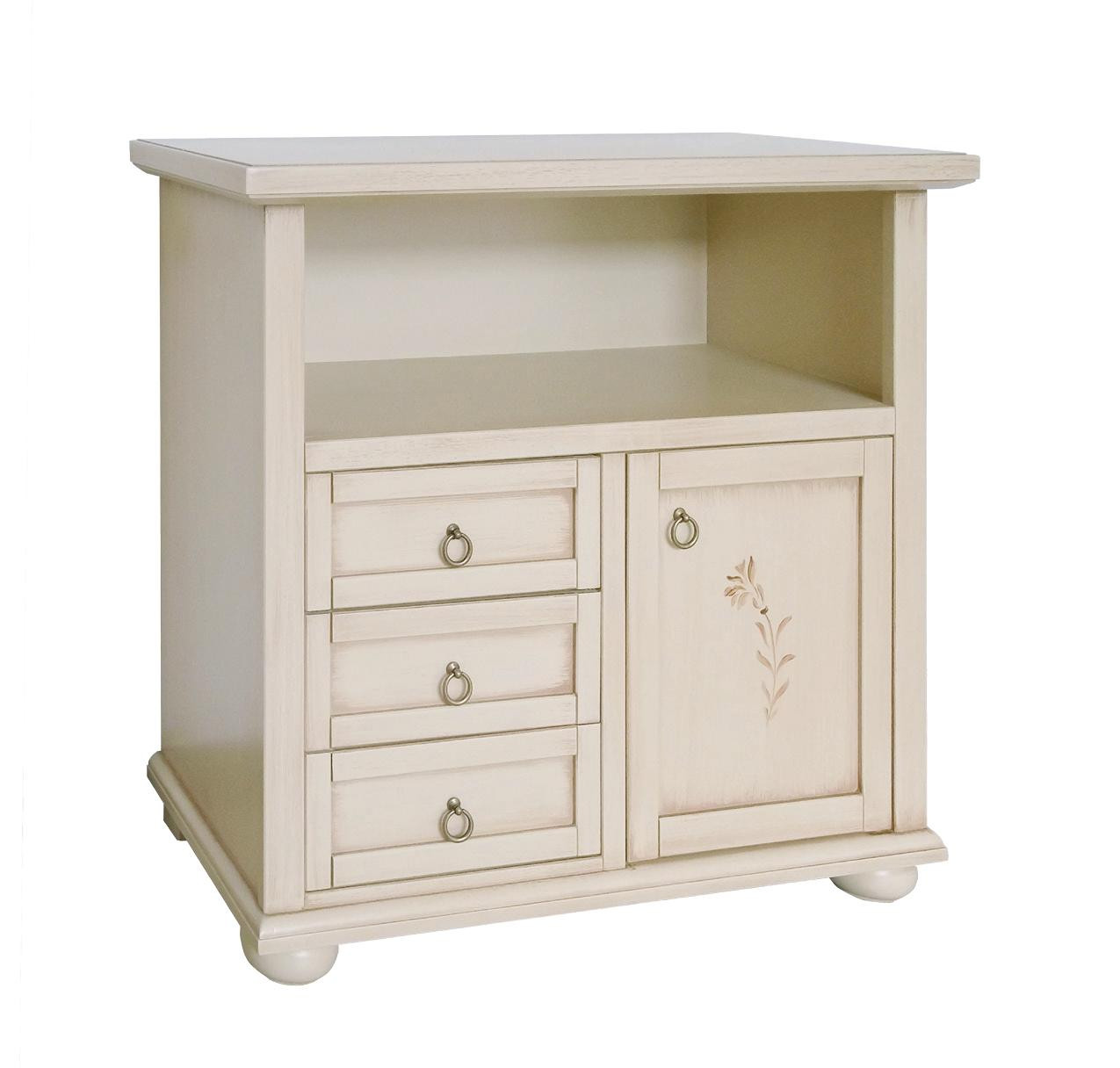 PORTA TV CLASSICO 1 ANTA 3 CASSETTI LEGNO AVORIO PATINATO DECORATO 84X40,5X80,5