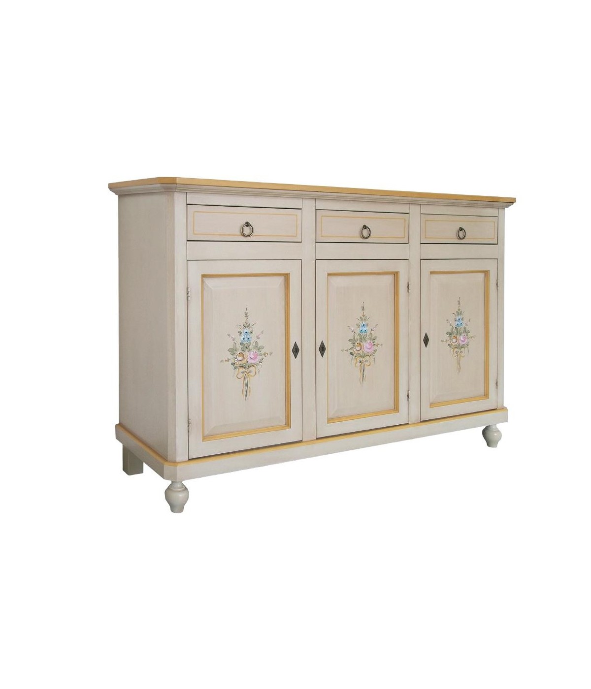 MOBILI 2G - MADIA CREDENZA 3 PORTE AVORIO PATINATO CON DECORI L.150 P.43 H.98
